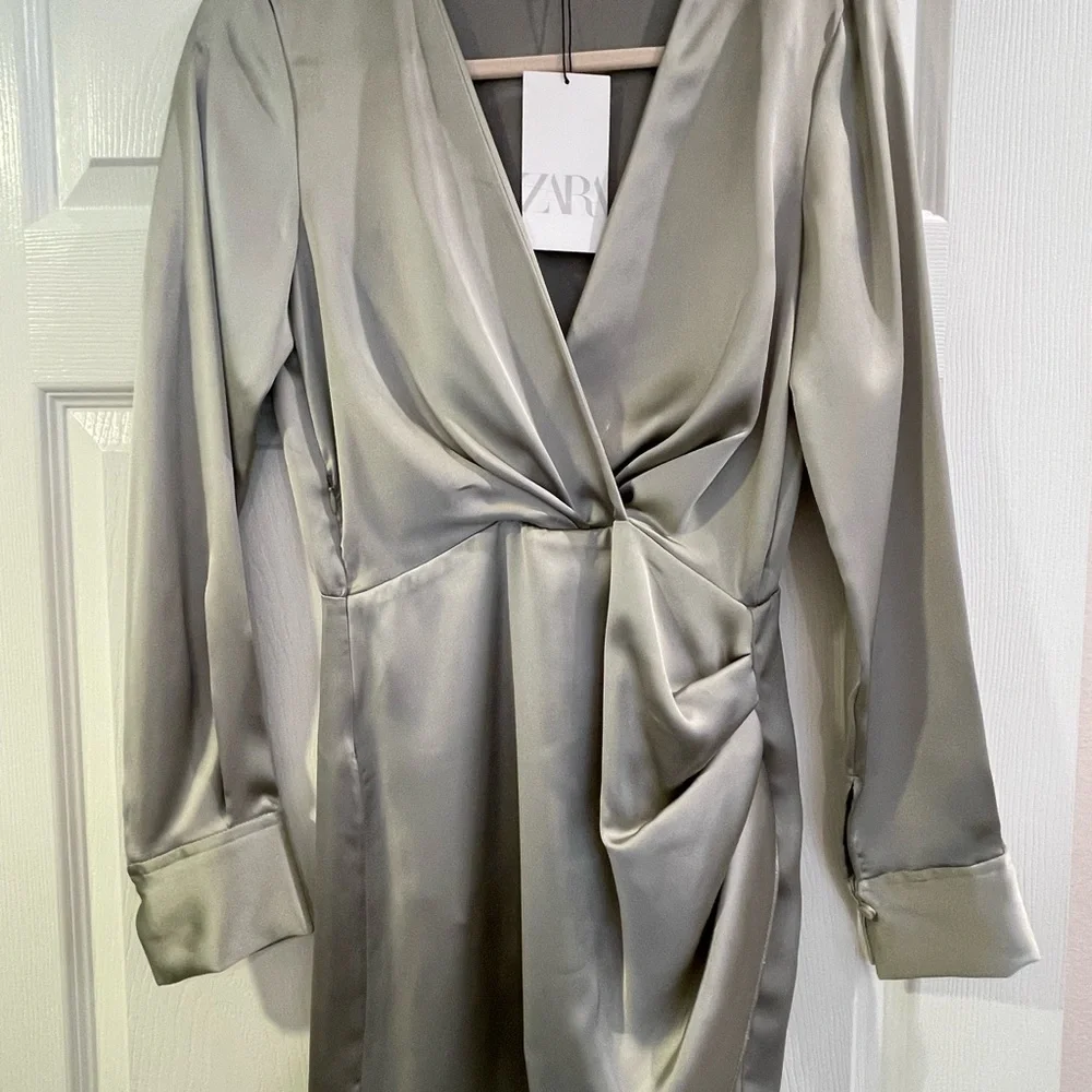 Zara Satin Wrap Dress in light green. NWT